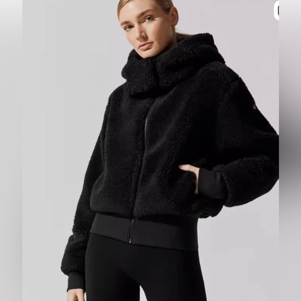 ALO Yoga Black Plush Teddy Zip-Up Hooded Jacket